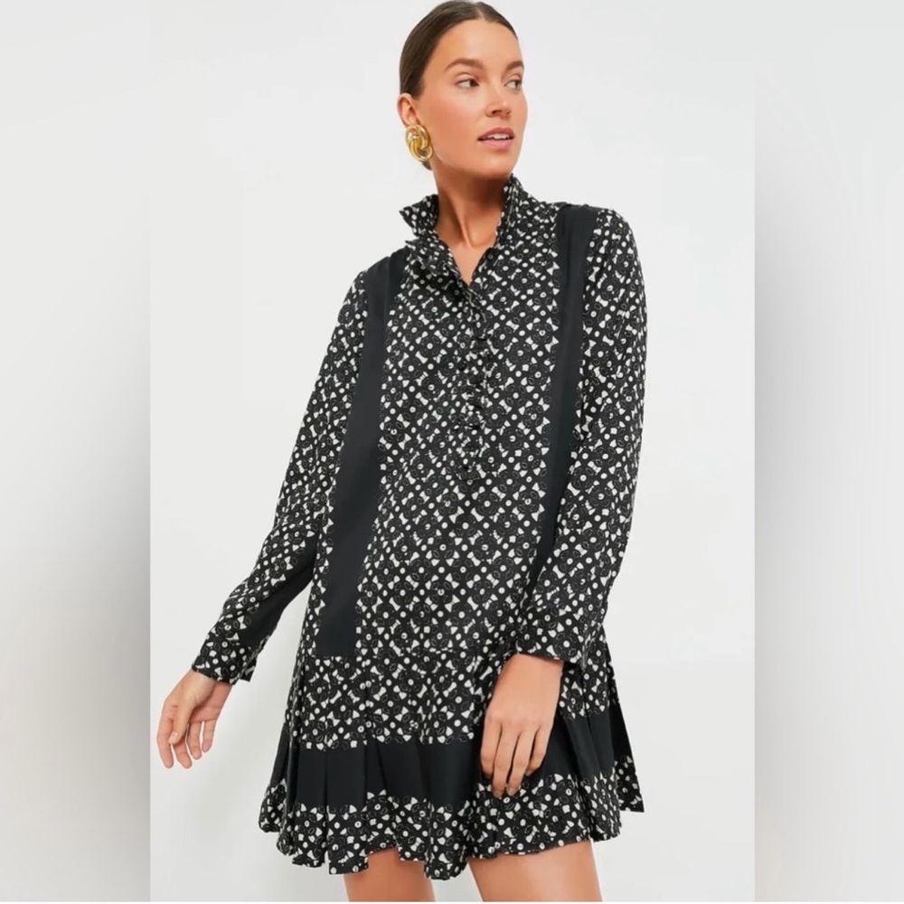 Tuckernuck Tate Geo Black and White Printed Ruffle-Trim Long-Sleeve Dress